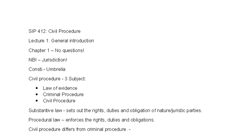 SIP 412: Civil Procedure Lecture 1 - Jurisdiction and General ...