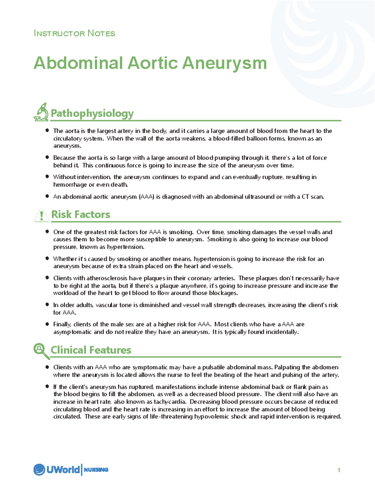 Instructor Notes: Abdominal Aortic Aneurysm Pathophysiology - Studocu