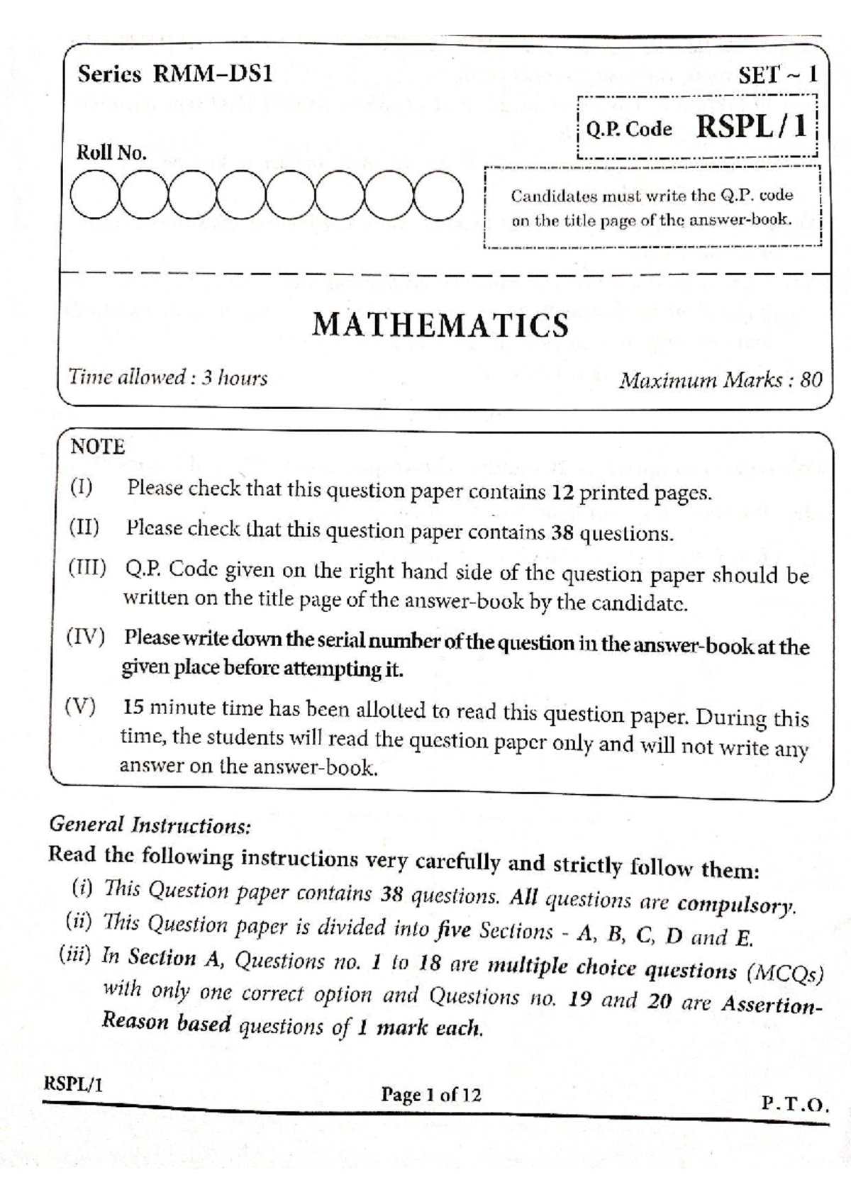 XII Mathematics SET 1 - Sample Paper with Q.P. Code - Studocu