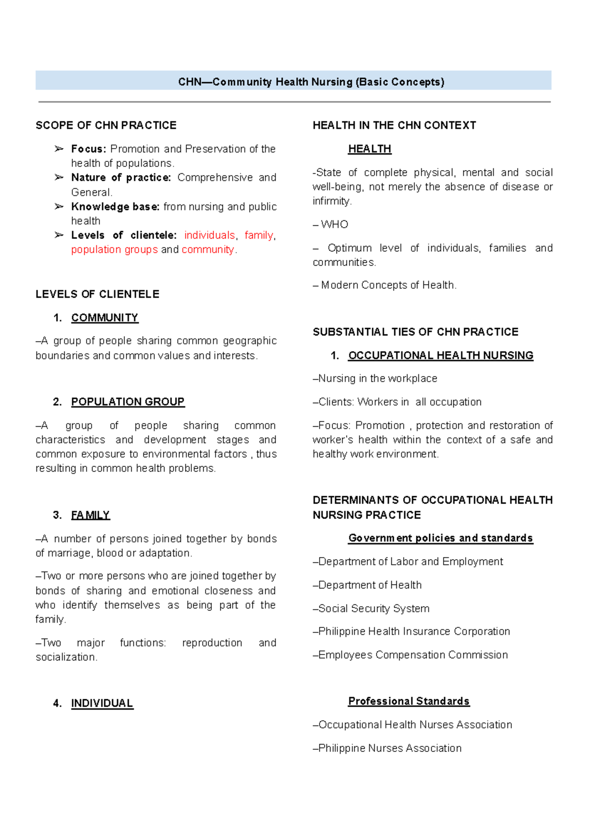 CHN 101: Basic Concepts in Community Health Nursing Practice - Studocu