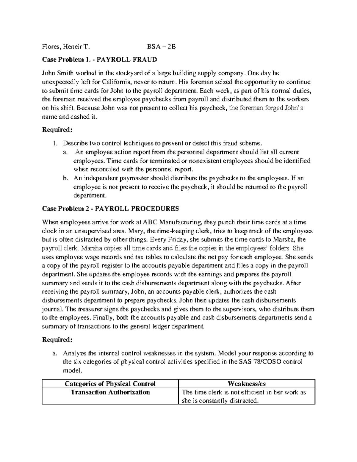 BSA-2B Case Study: Payroll Fraud & Control Procedures Analysis - Studocu