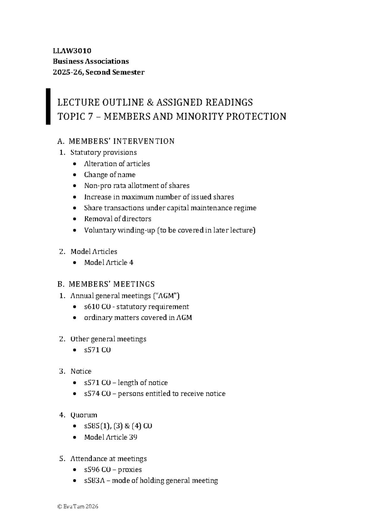 LLAW3010 Business Associations Lecture Outline: Members & Minority ...