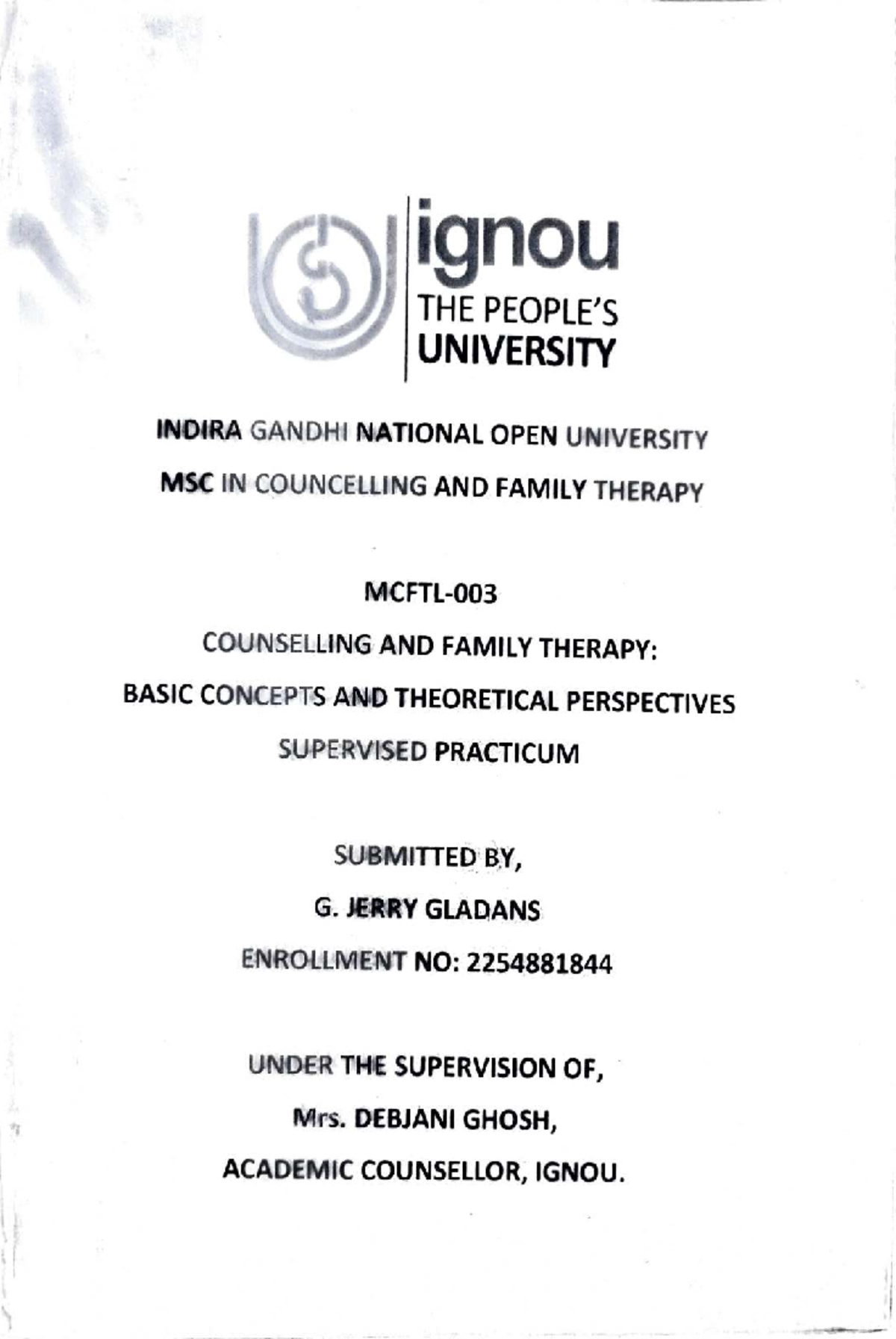 IGNOU MSC in Counselling & Family Therapy: Supervised Practicum Case ...