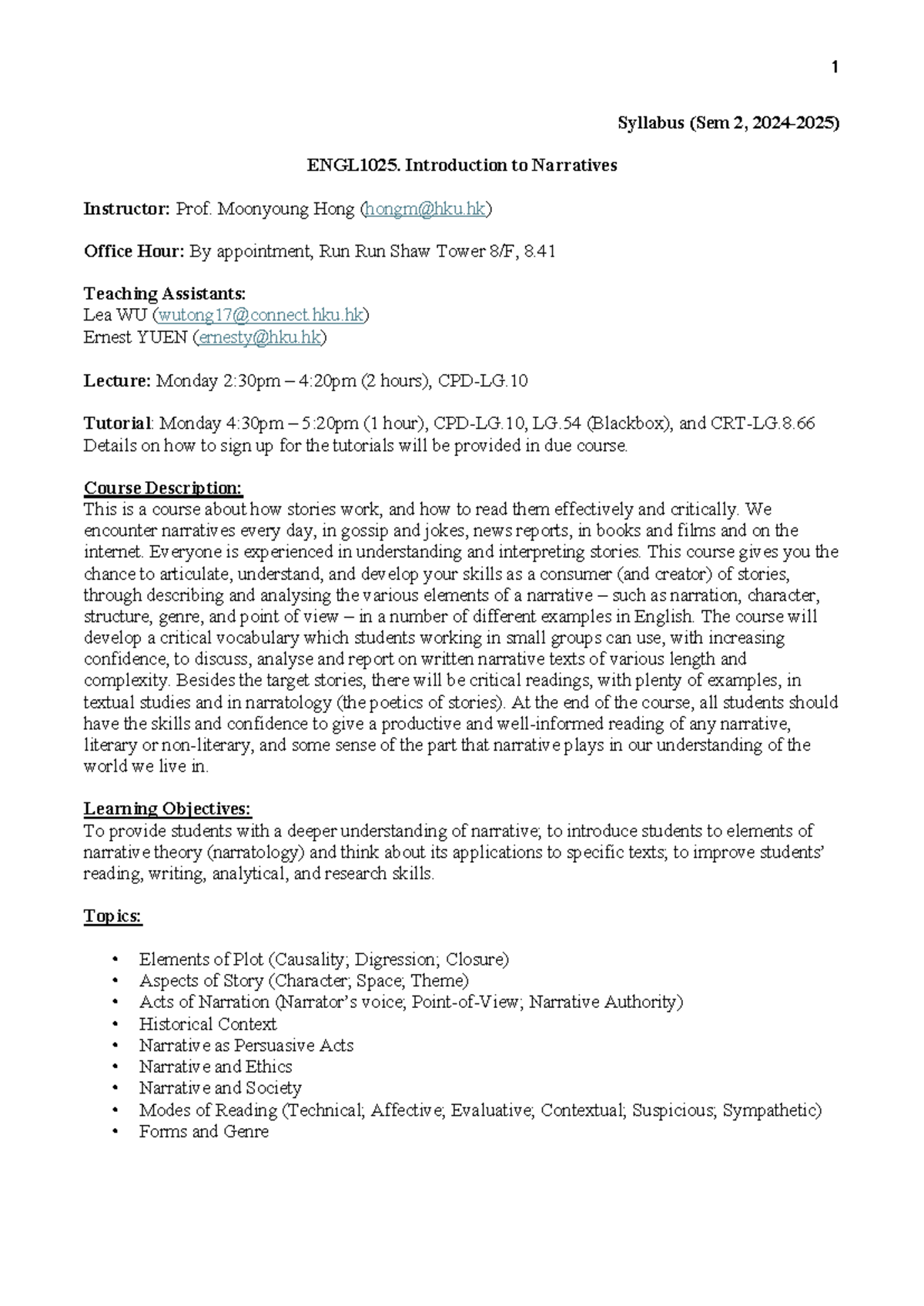 ENGL1025 Introduction to Narratives Syllabus 2024-25 Sem 2 - Syllabus ...