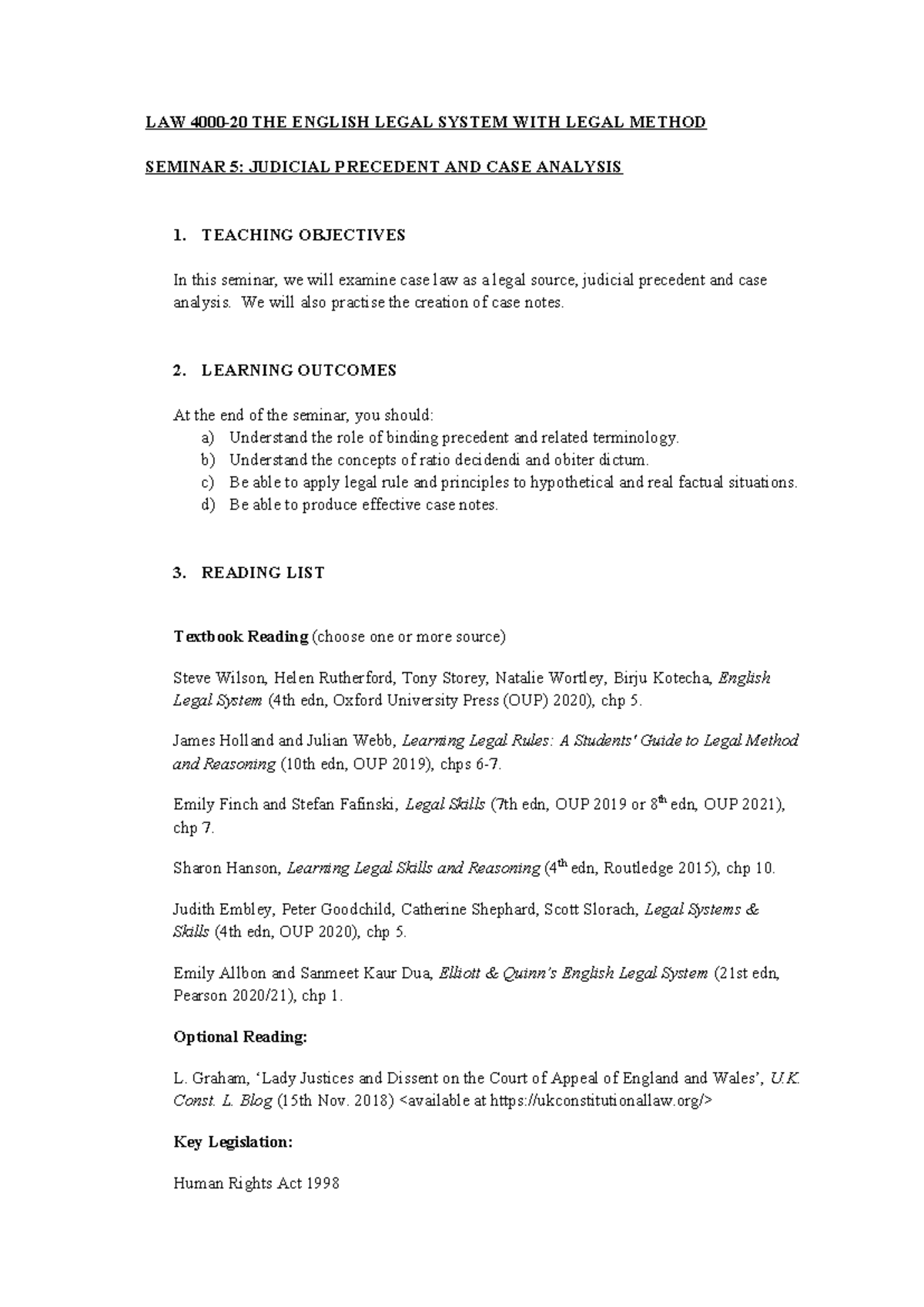 LAW LSM SEMINAR 5: JUDICIAL PRECEDENT & CASE ANALYSIS NOTES - Studocu