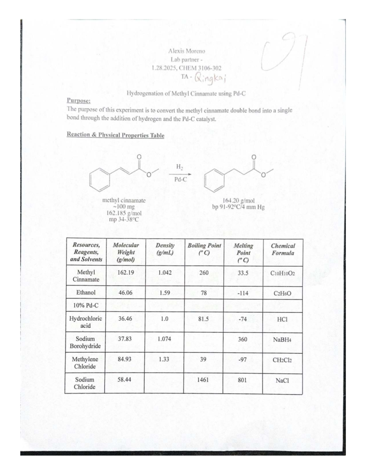 OChem pre-lab exp1 - Pre-Lab report - Alexis Moreno Lab partner 1.28 ...