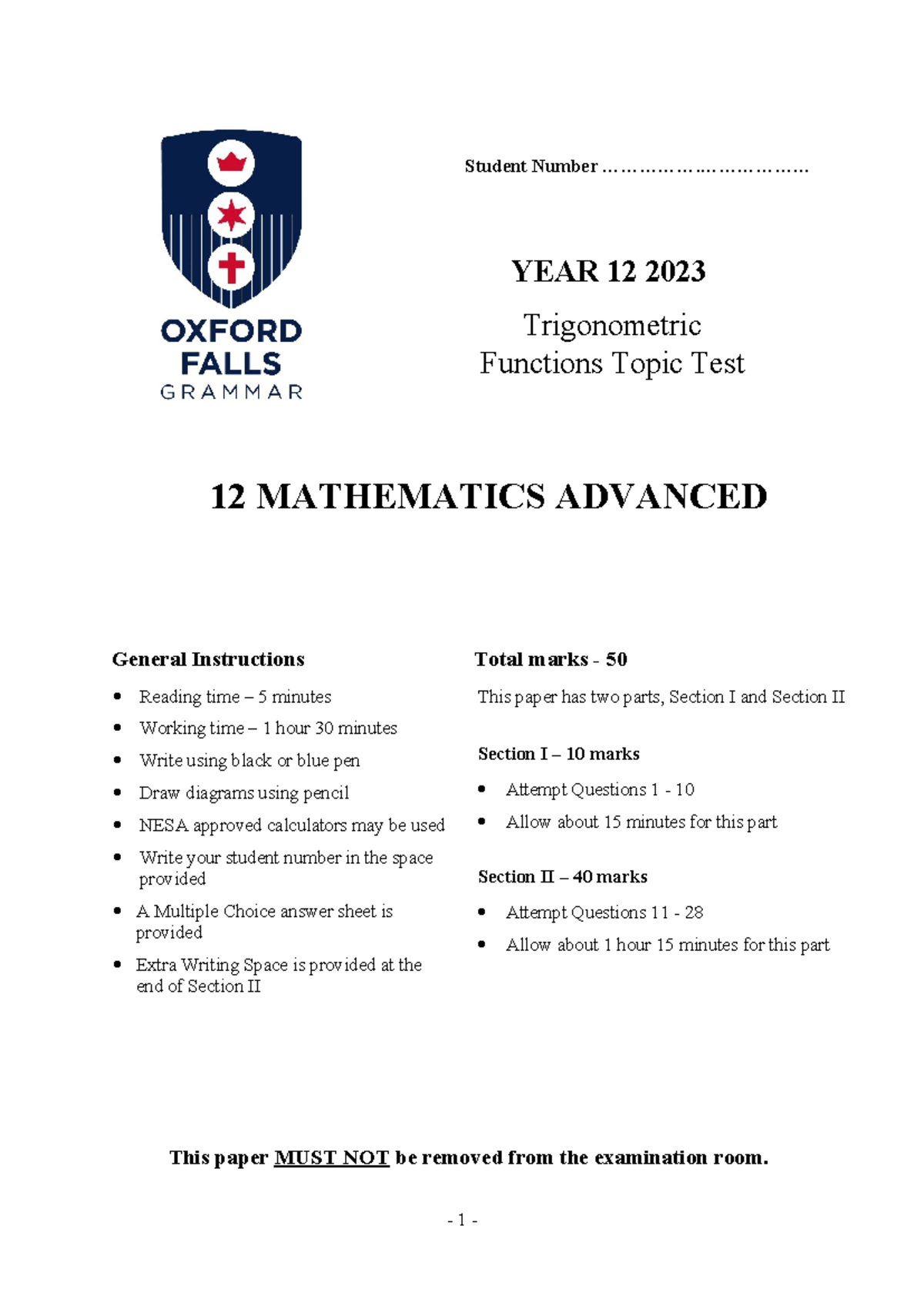 12 Mathematics Advanced Trigonometric Functions Topic Test 2023 - Studocu
