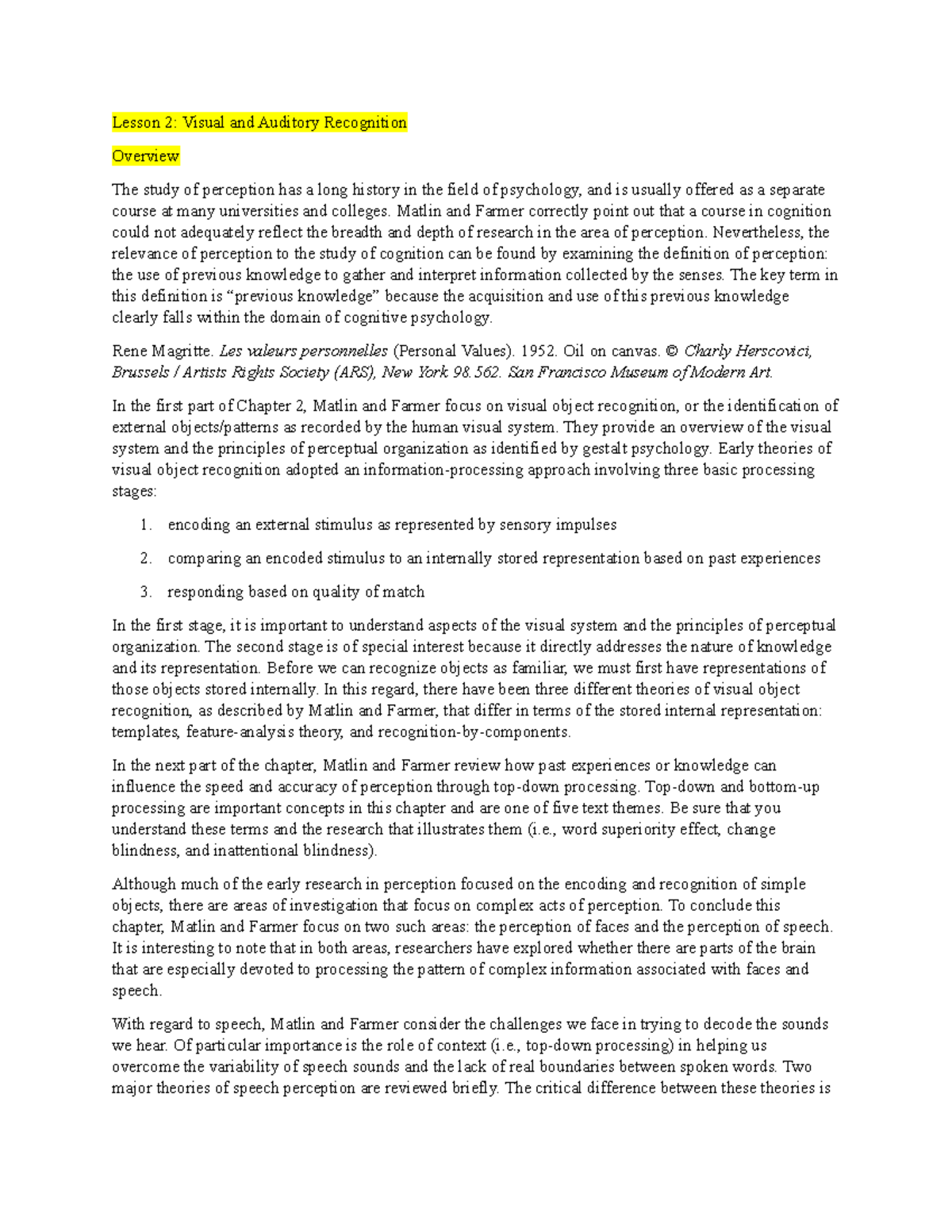 Unit 2 - Lesson 2 Study Guide: Visual & Auditory Recognition - Studocu