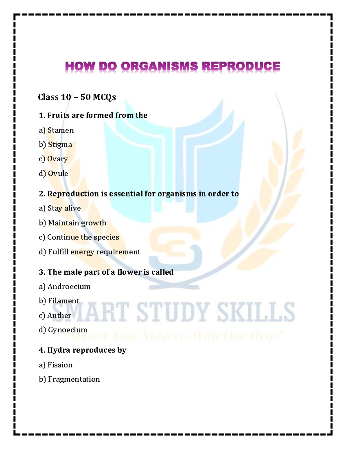 Reproduction in Organisms: Class 10 MCQs for Study - Studocu