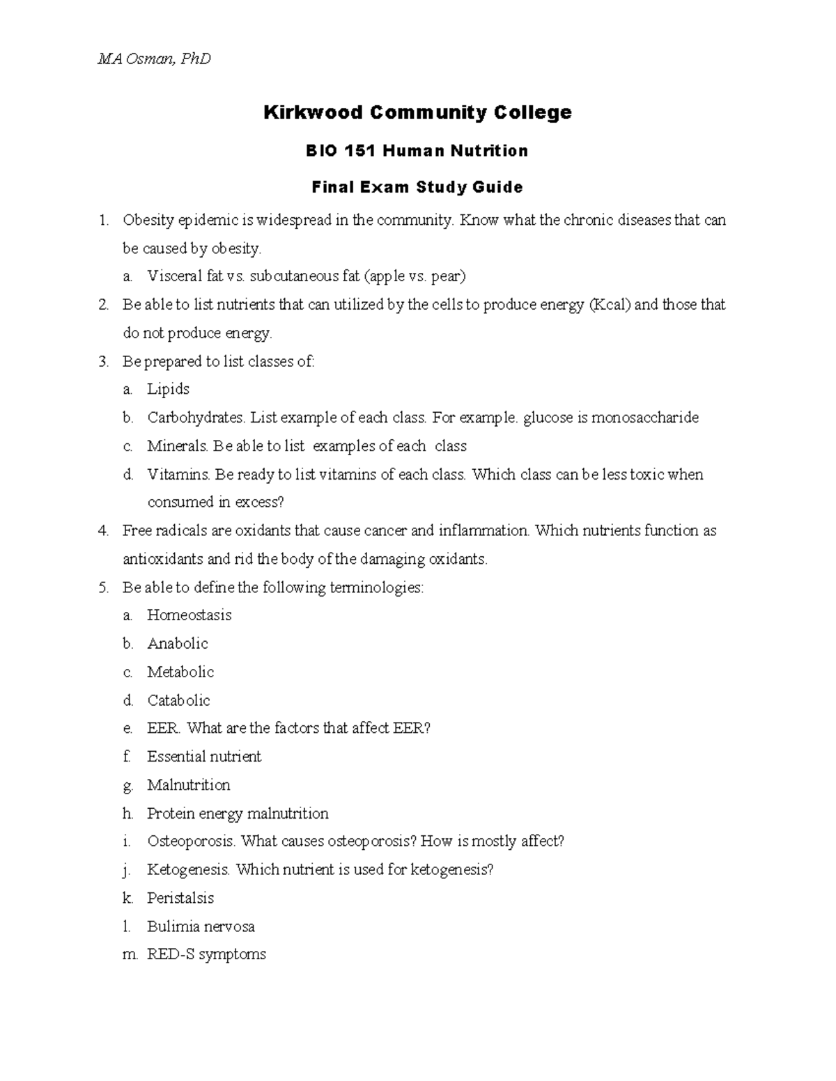 BIO 151 Final Exam Study Guide - Studocu