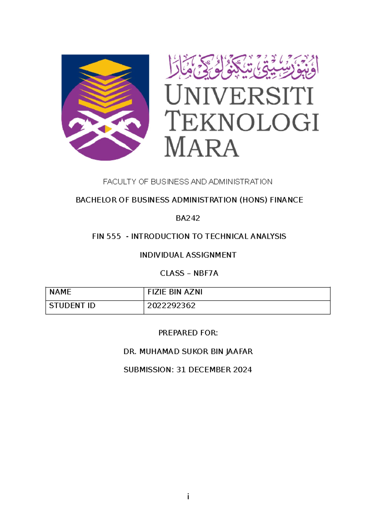 FIN555 - Individual Assignment on Technical Analysis Insights - Studocu