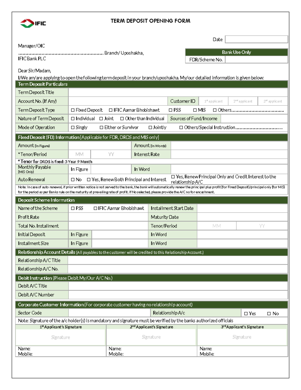 TERM DEPOSIT OPENING FORM - IFIC Aamar Bhobishawt - Studocu