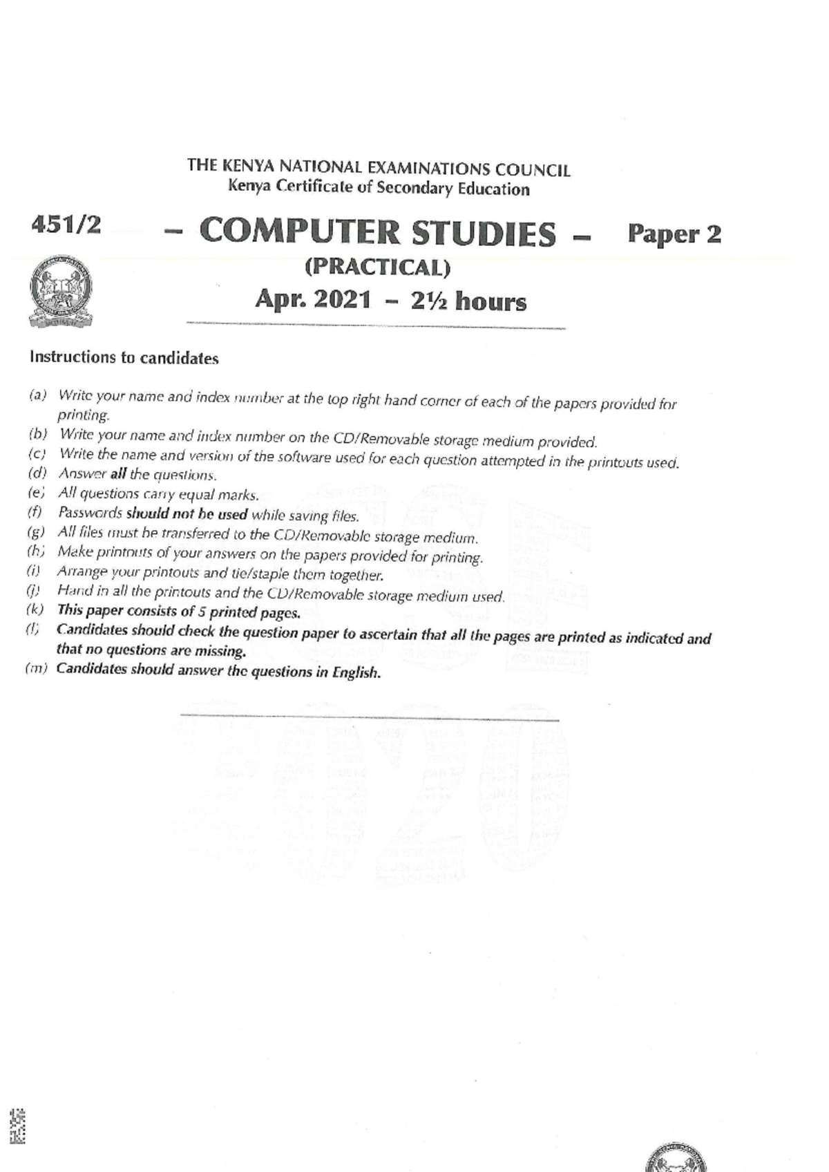 2020 KCSE Computer Studies Paper 2 Practical Exam Guide - Studocu