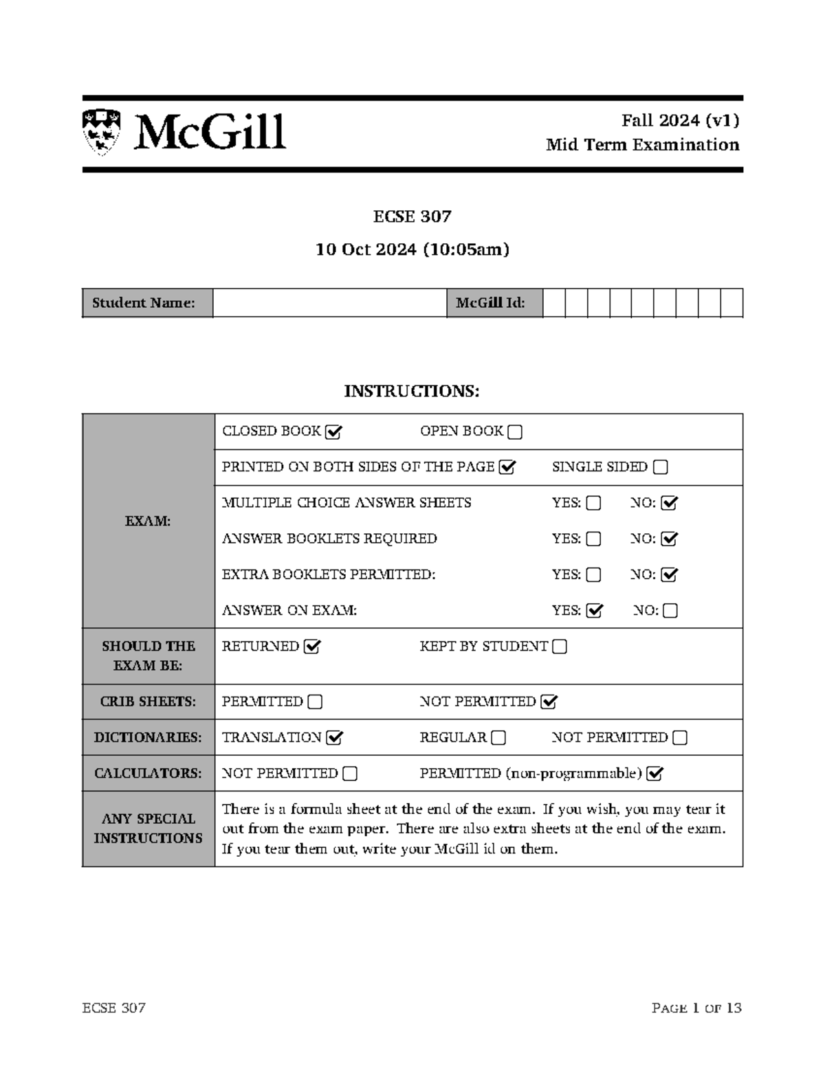 Fall 2024 Midterm Exam ECSE 307 - Version 1 - Studocu