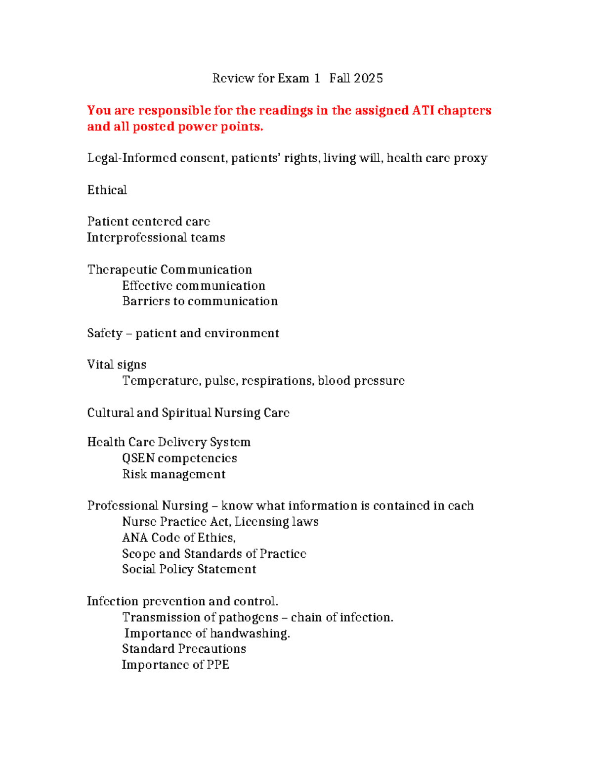 Review for Exam 1 (NUR 101) - Key Nursing Concepts & Practices - Studocu