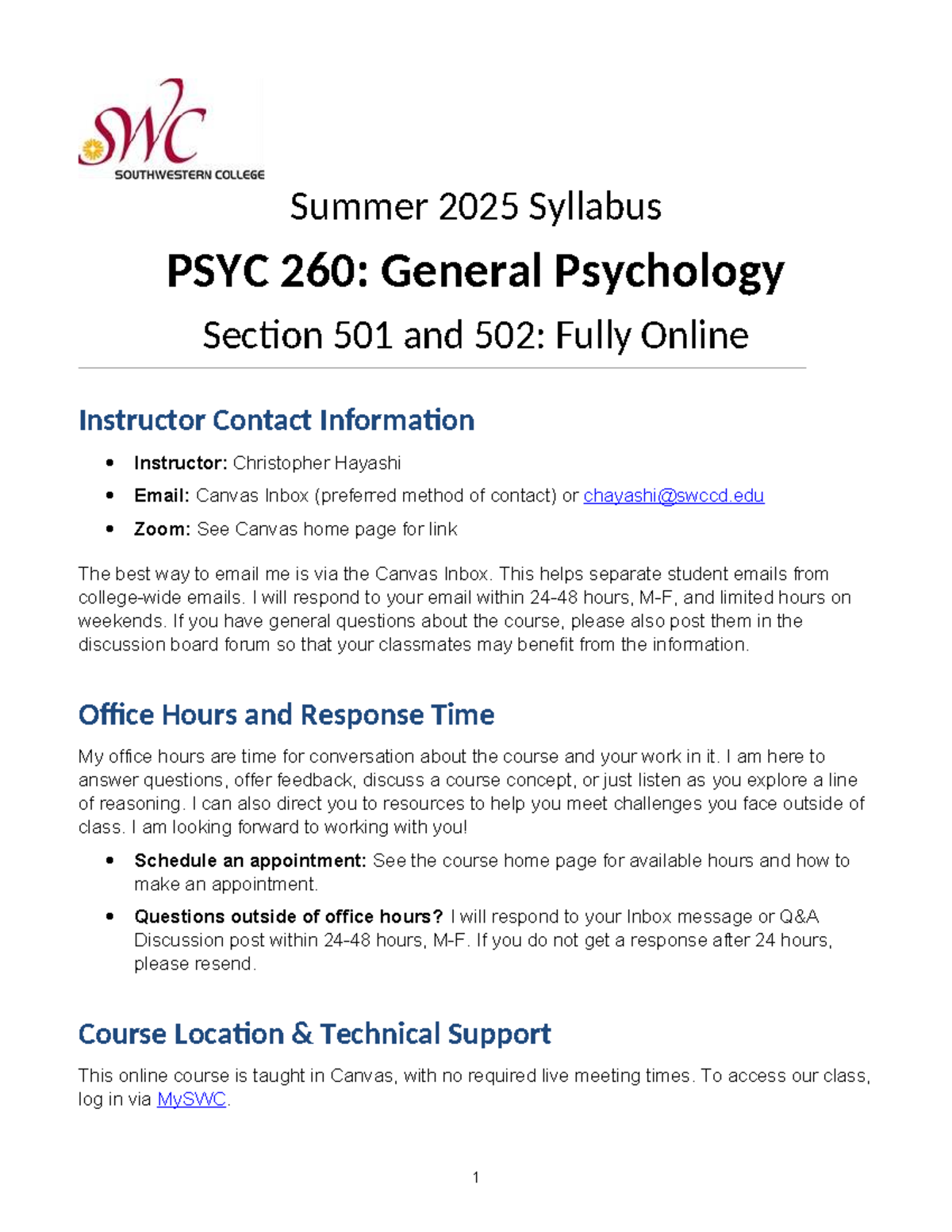 PSYC 260: General Psychology Summer 2025 Course Syllabus & Overview ...