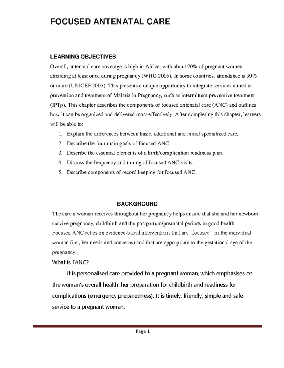 FANC 101: Focused Antenatal Care Learning Objectives and Guidelines ...
