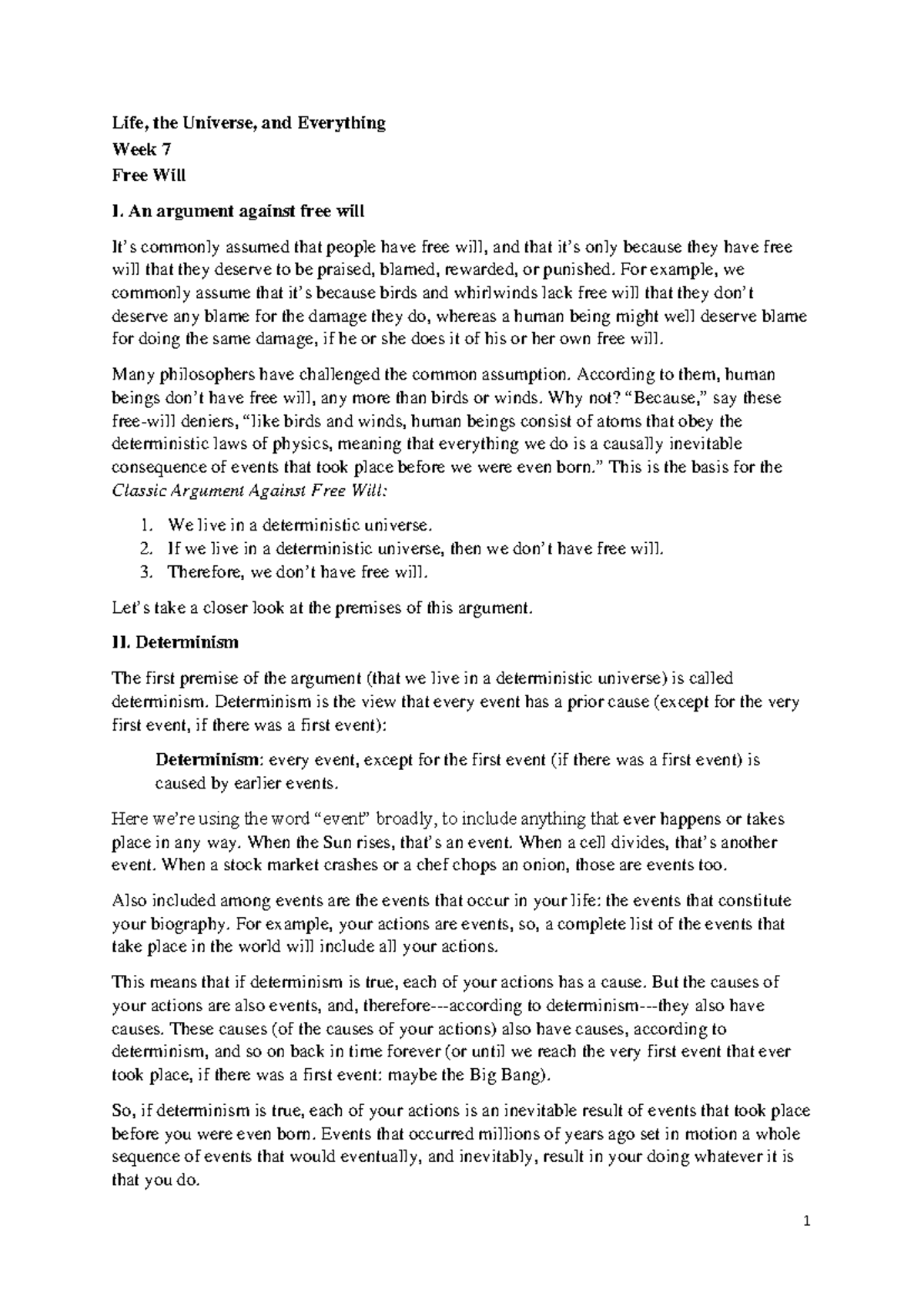 Week 07 - Exploring Free Will and Determinism - AY2022/2023 S1 - Studocu