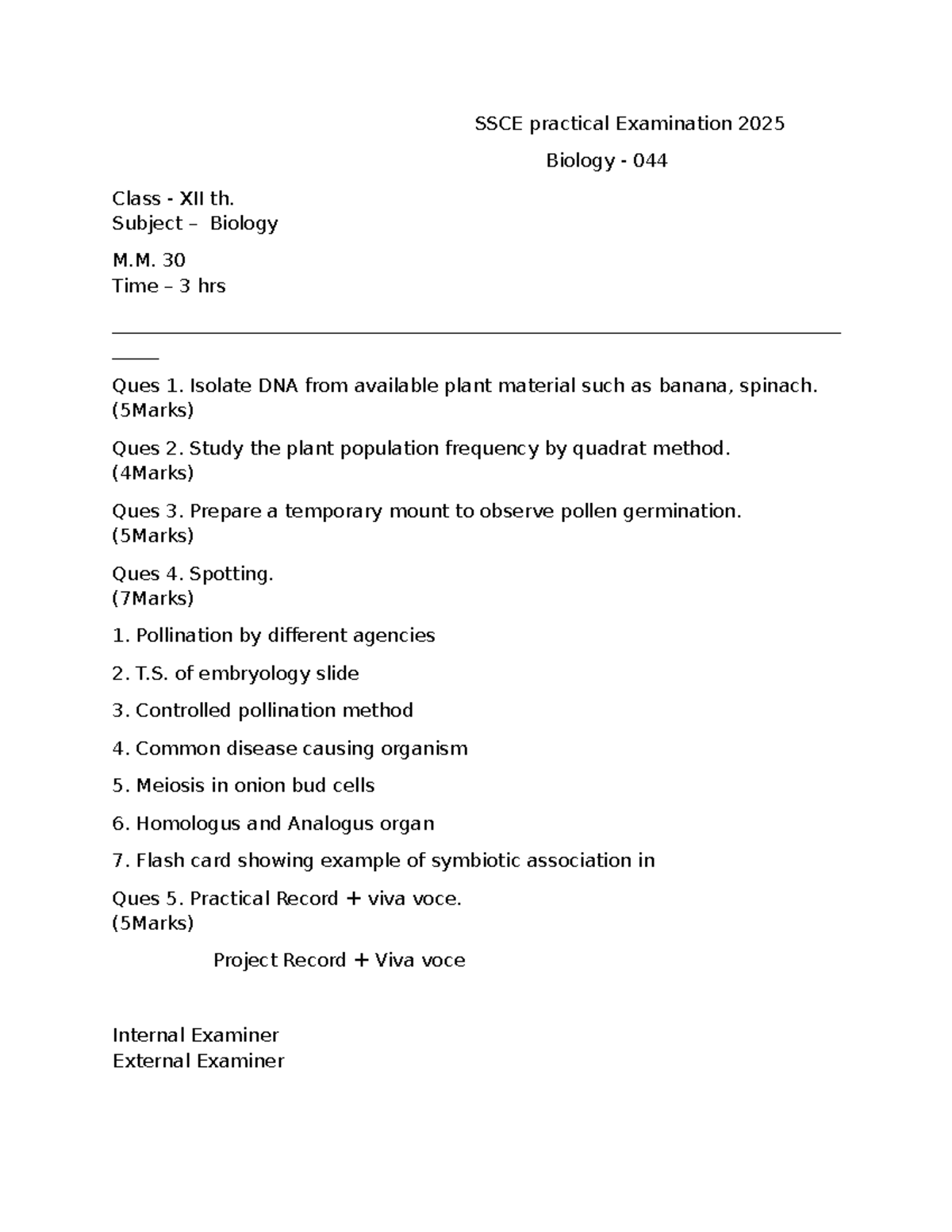 SSCE Biology Practical Exam 2025 - Class XII (Code: 044) - Studocu