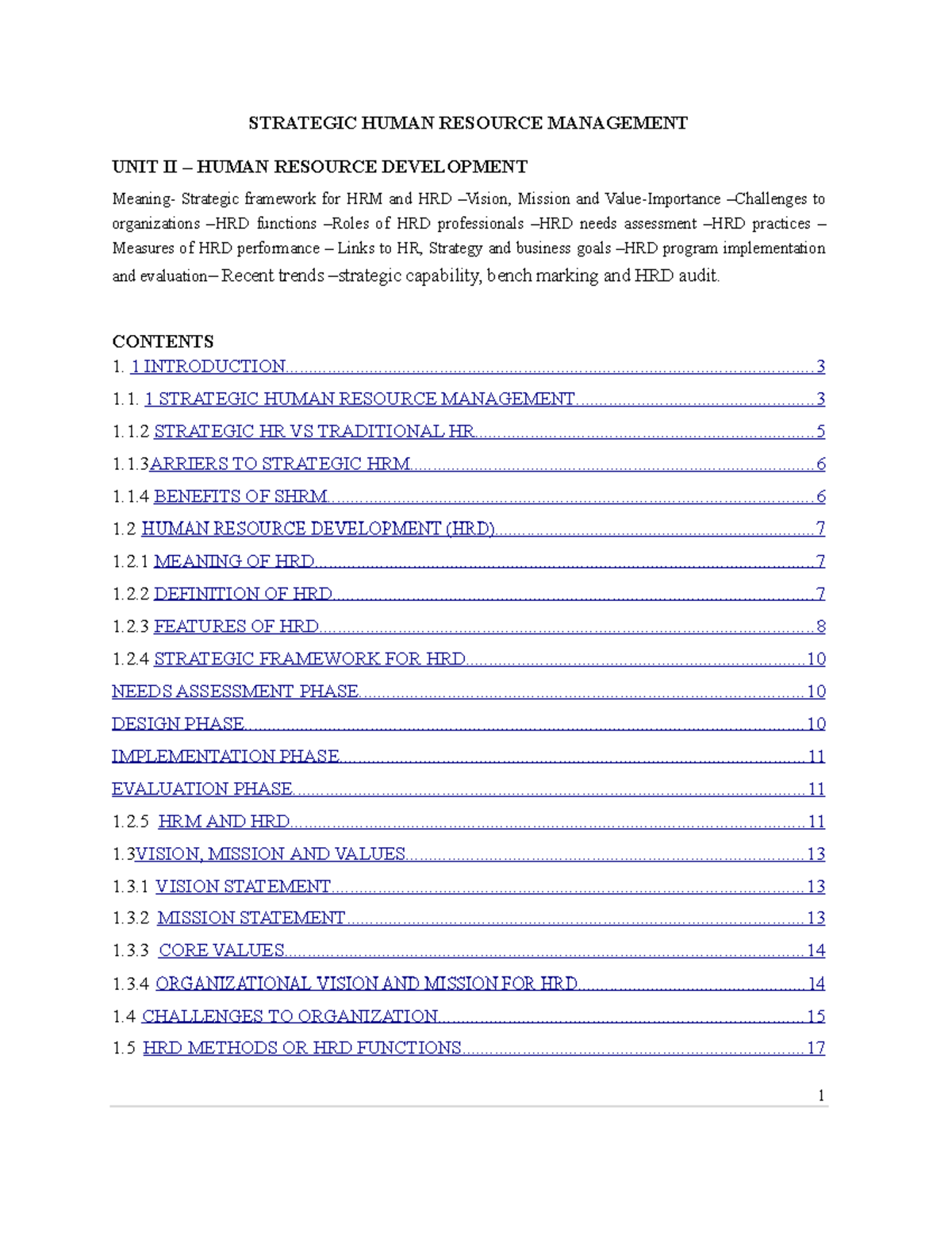 Unit 2 HRD Overview - Strategic Human Resource Management (SHRM) - Studocu