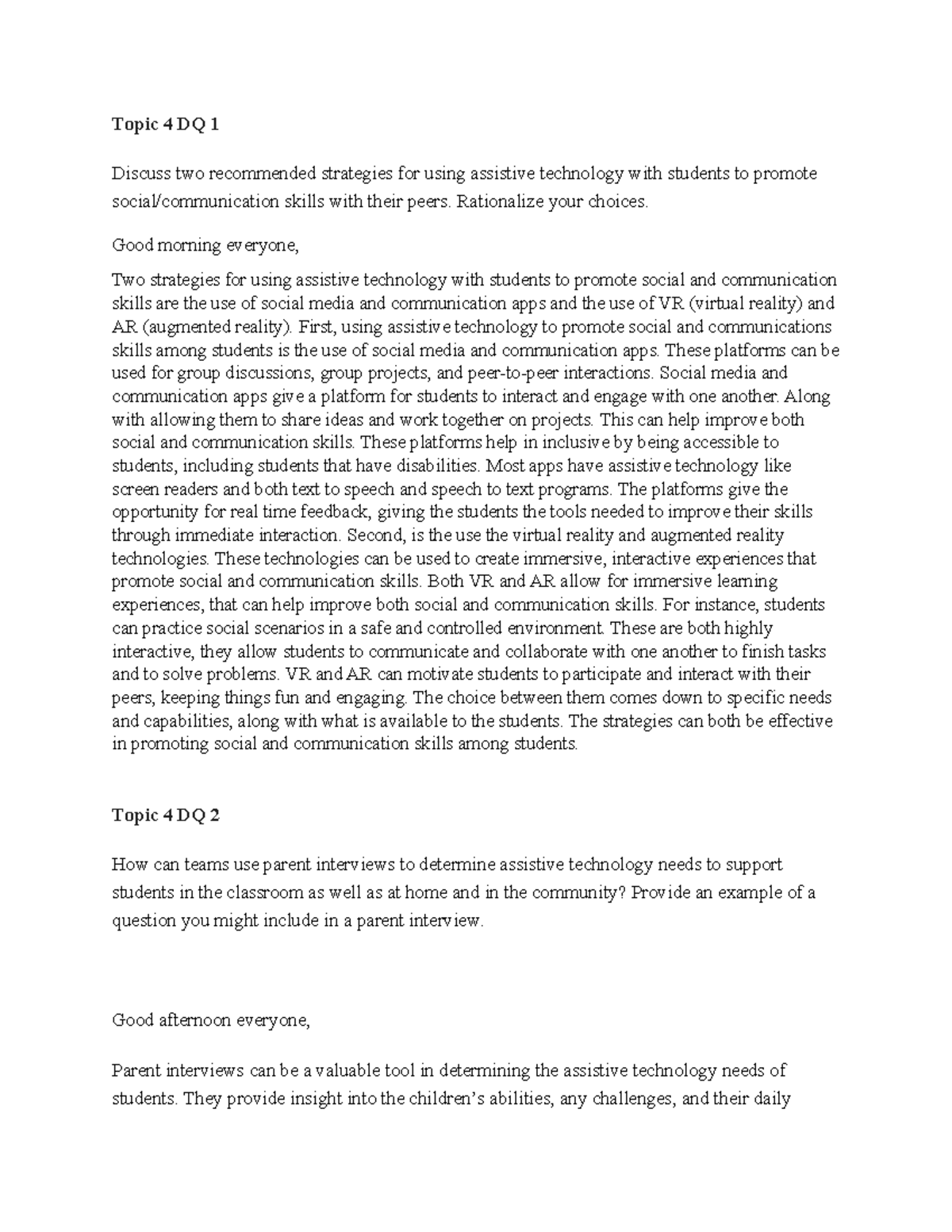 Week 4 DQ: Strategies for Assistive Tech & Parent Interviews - Studocu