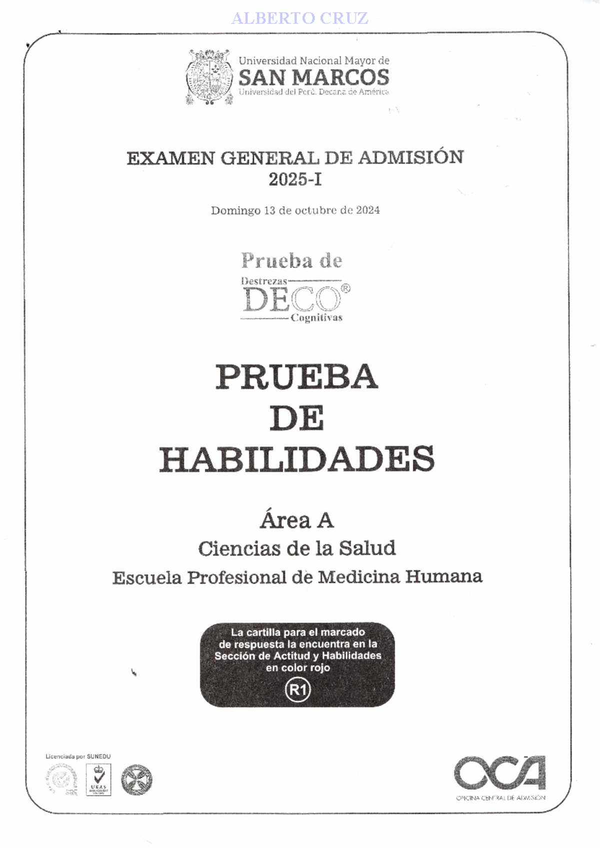 Examen de Admisión 2025-I - Medicina Humana - Prueba DECO® - Habilidades Cognitivas - Document Preview