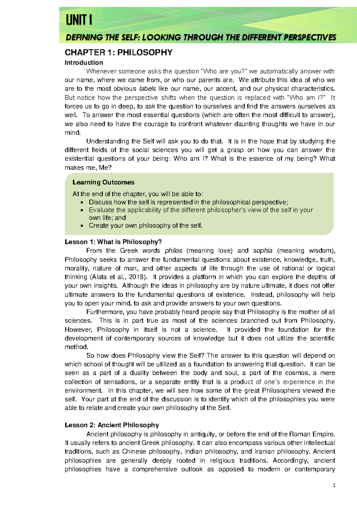 UNIT 1 - CH 1: Defining the Self Through Philosophical Perspectives ...