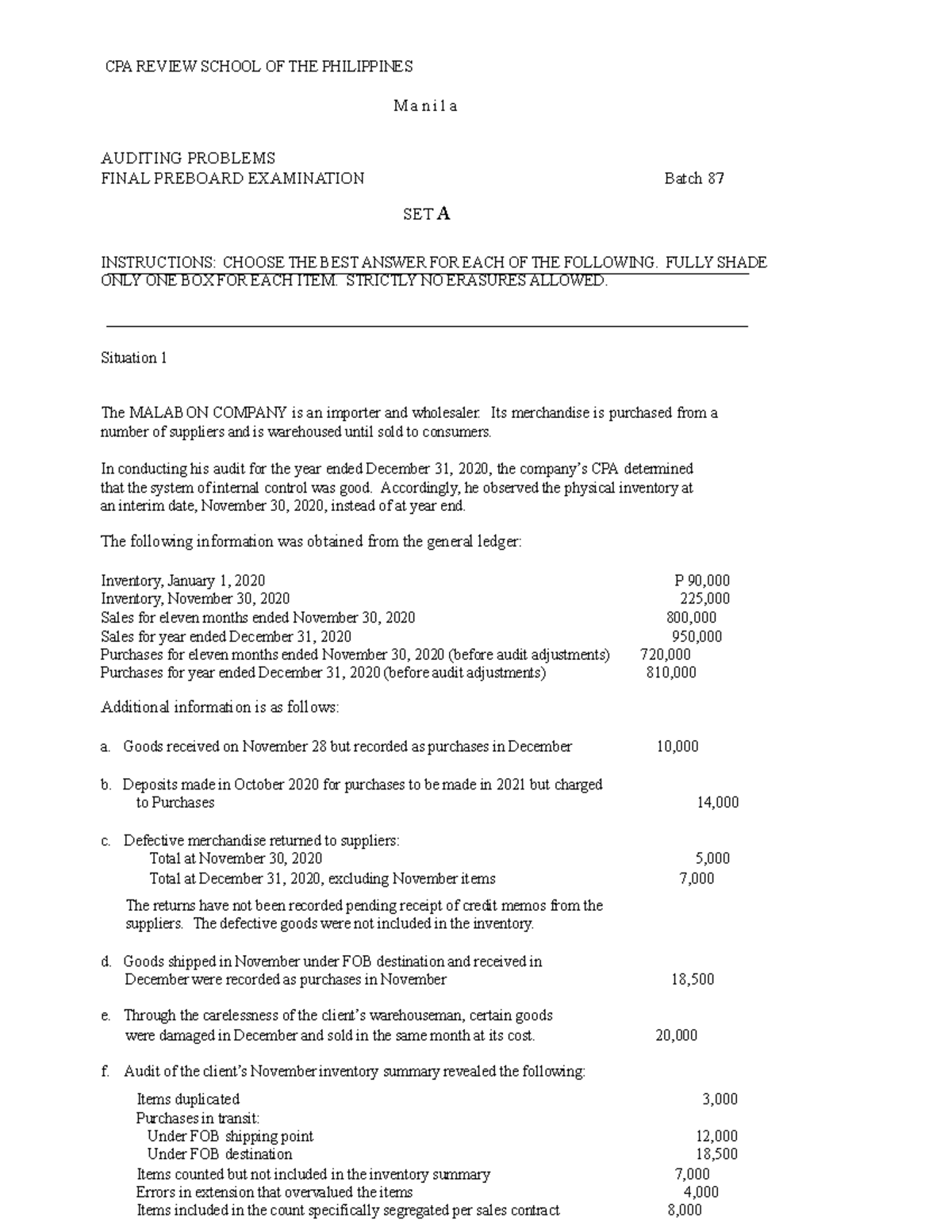 CPA REVIEW SCHOOL OF THE PHILIPPINES MANILA AUDITING PROBLEMS FINAL ...
