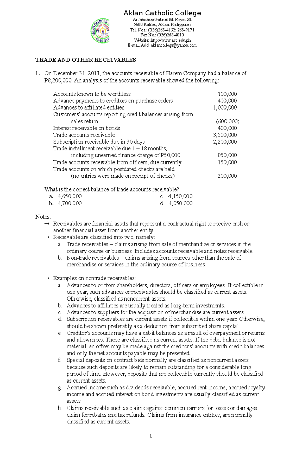Receivables (ACC 101) - Detailed Breakdown and Analysis of Accounts ...
