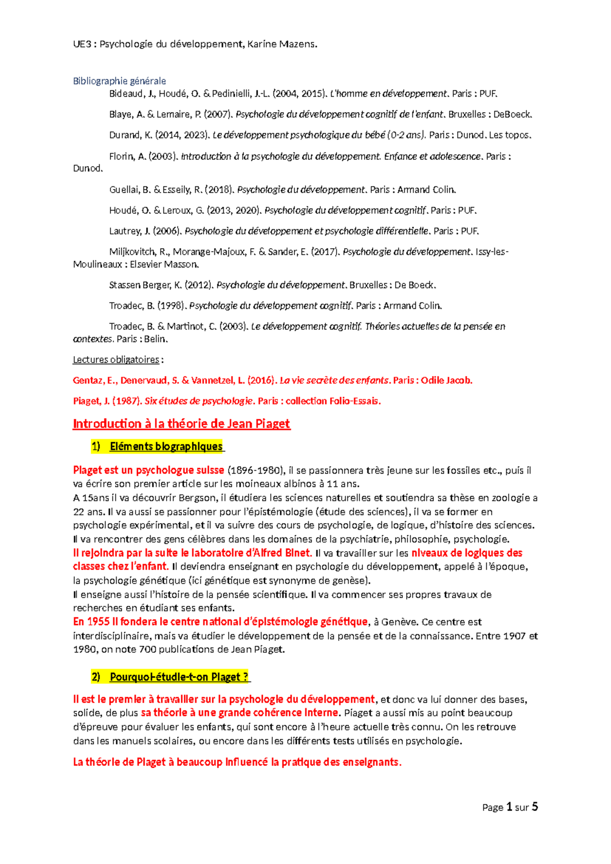 CM1 PSY DEV - Notes sur l'Introduction à la Psychologie du ...