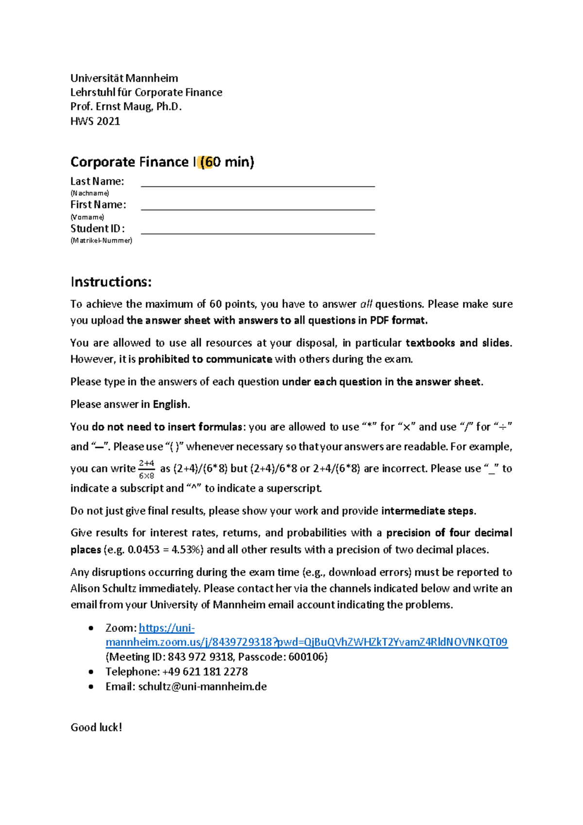Exam CF1 HWS 2021: Corporate Finance I - Sample Questions & Guidelines ...