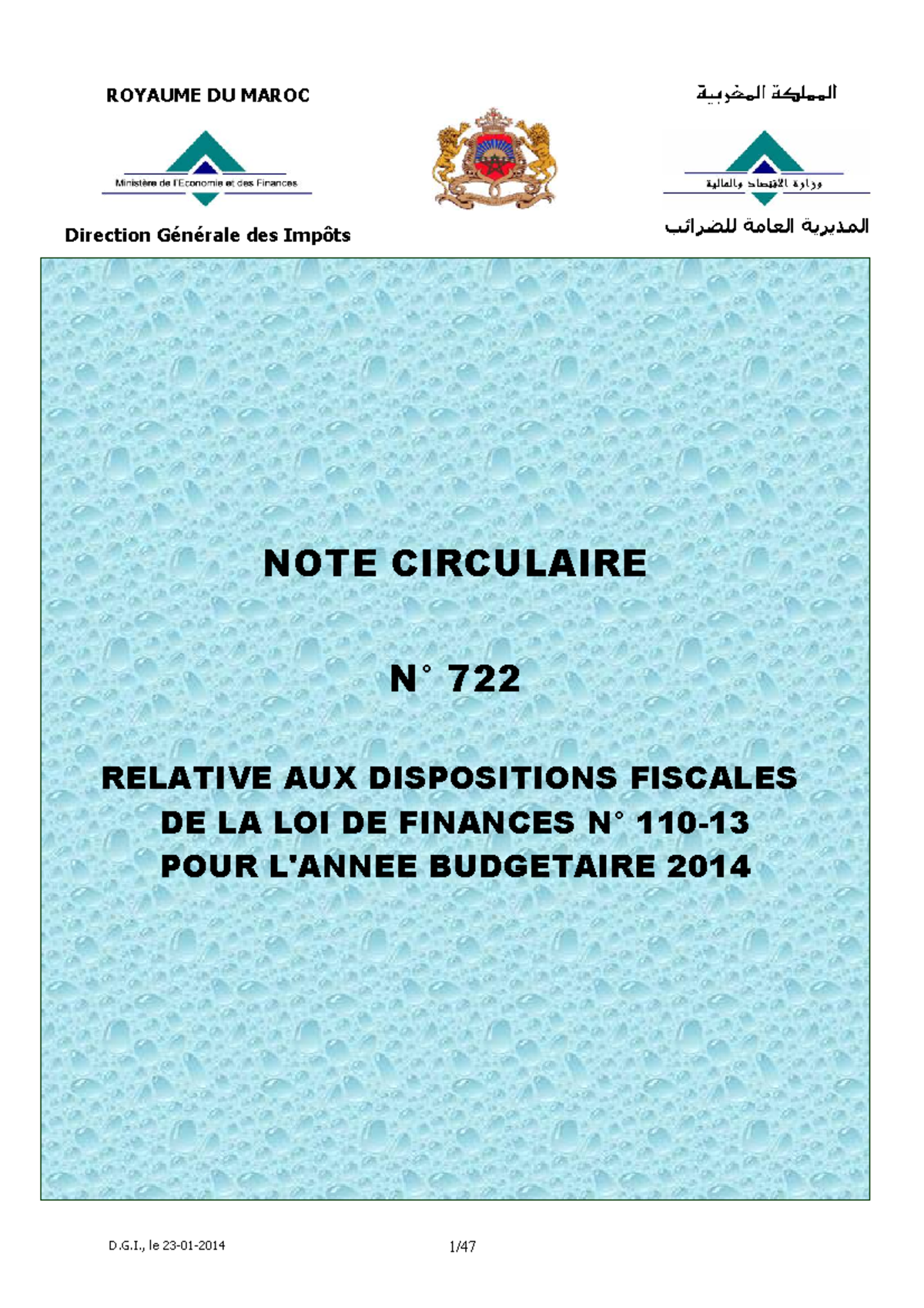 NOTE CIRCULAIRE 722: DISPOSITIONS FISCALES LOI DE FINANCES 2014 - Studocu