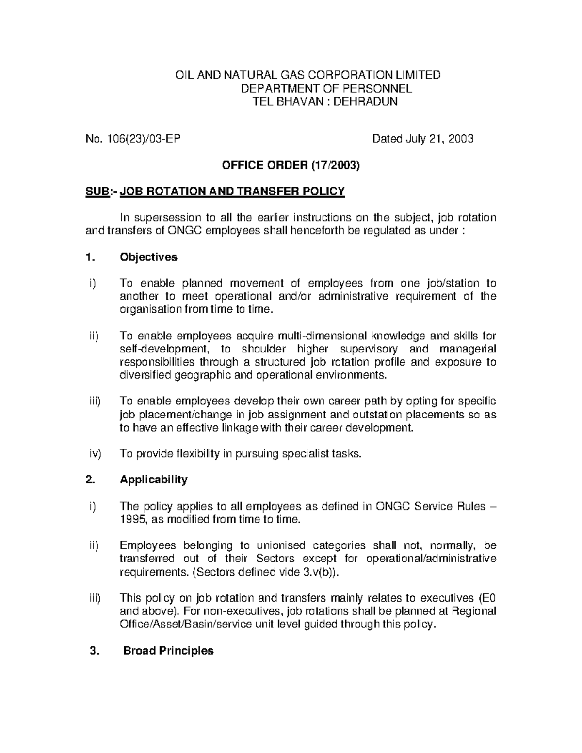 ONGC Job Rotation and Transfer Policy Overview - Office Order 17/2003 ...