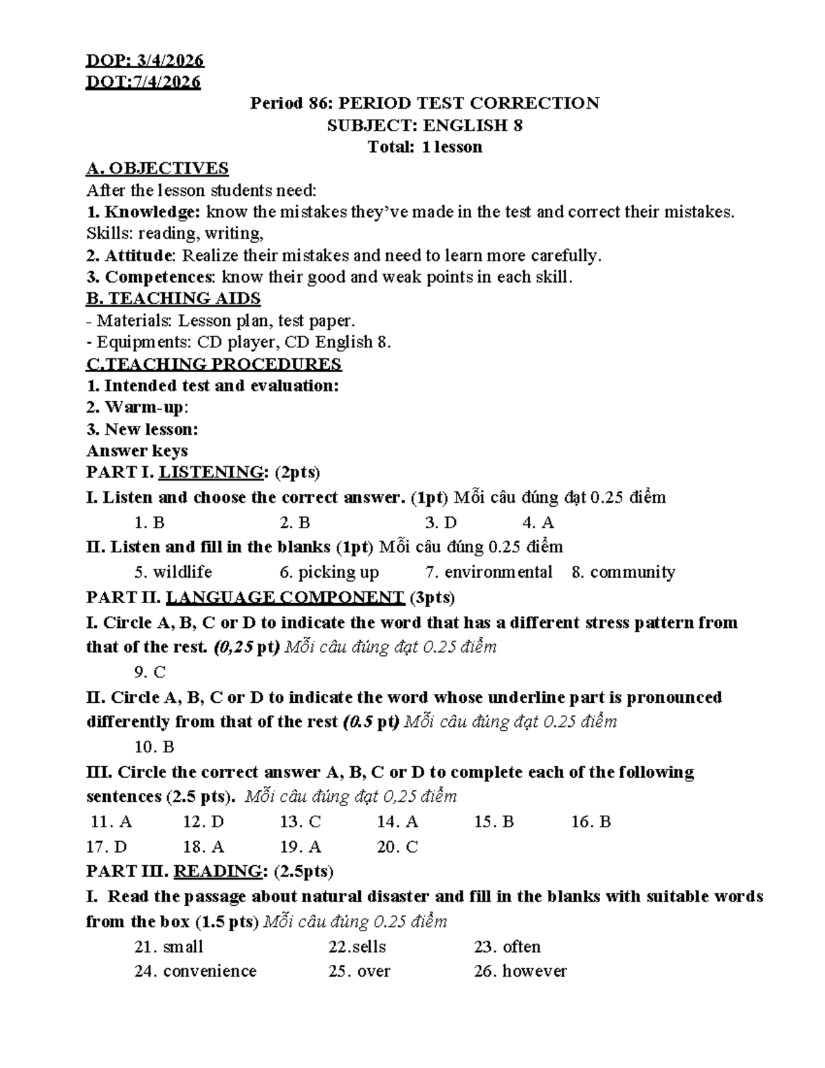 DOP: Period 86 - English 8 Test Correction Guide - Studocu