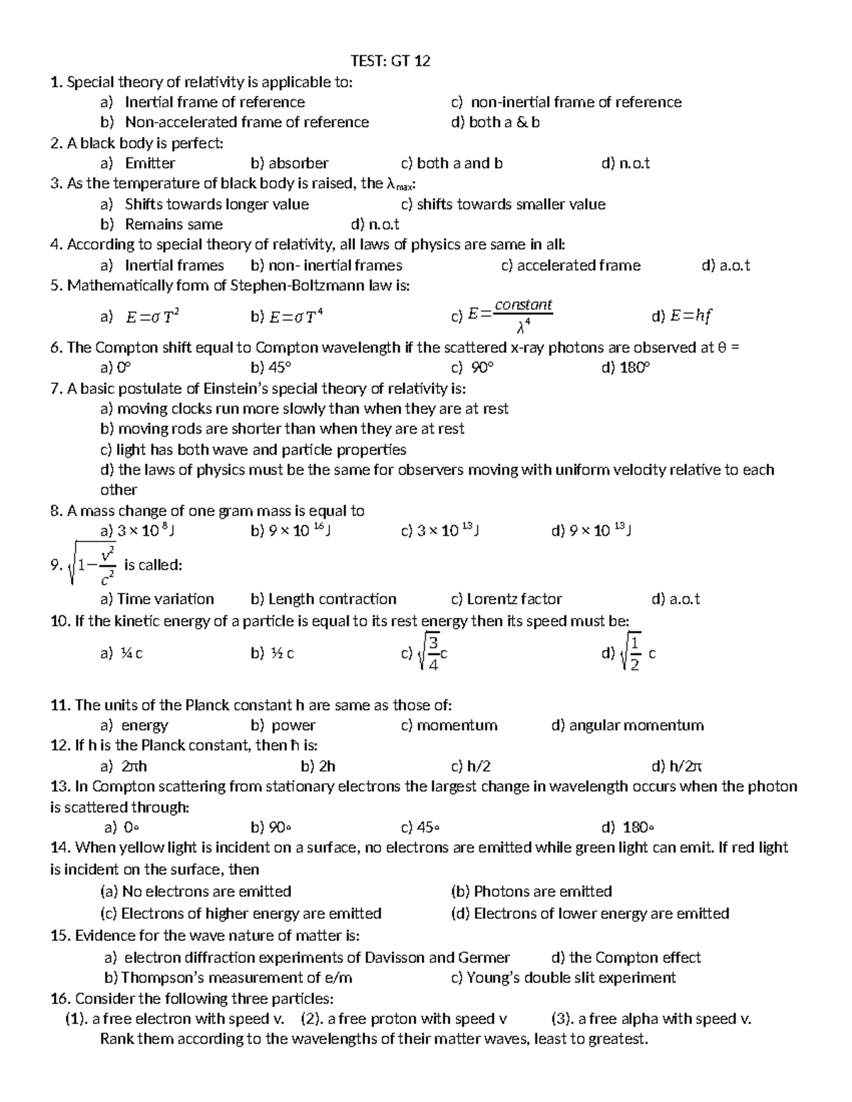 GT 12 Physics Assignment: Special Theory of Relativity Exam Questions ...