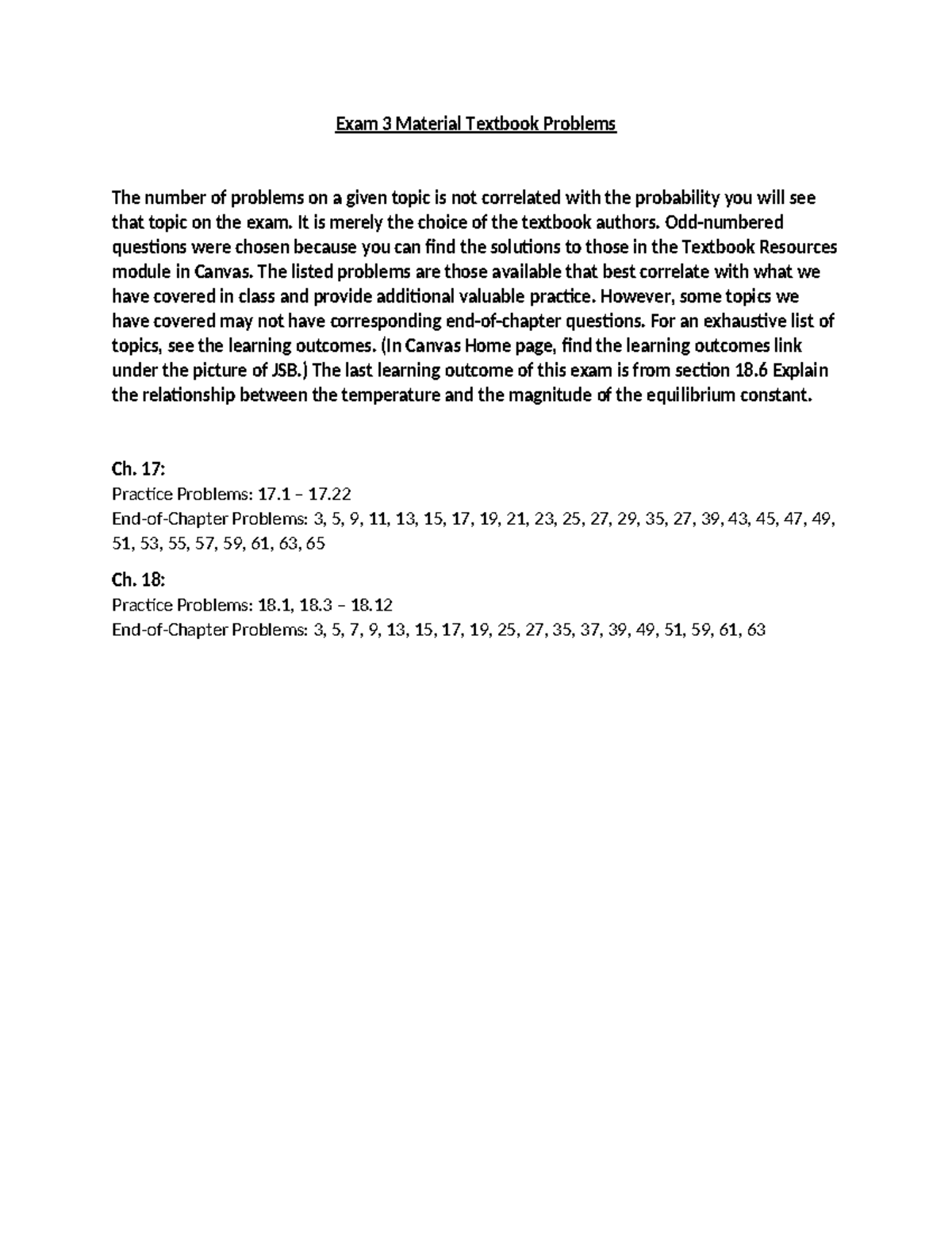 Exam 3 Suggested Problems - Ch. 17 & 18 SP24 - Studocu