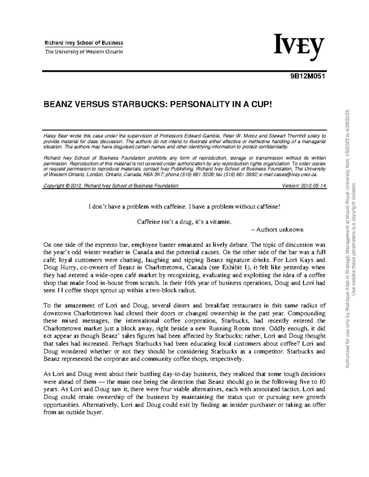 9B12M051 - Beanz vs Starbucks: A Case Study in Strategic Management - Document Preview