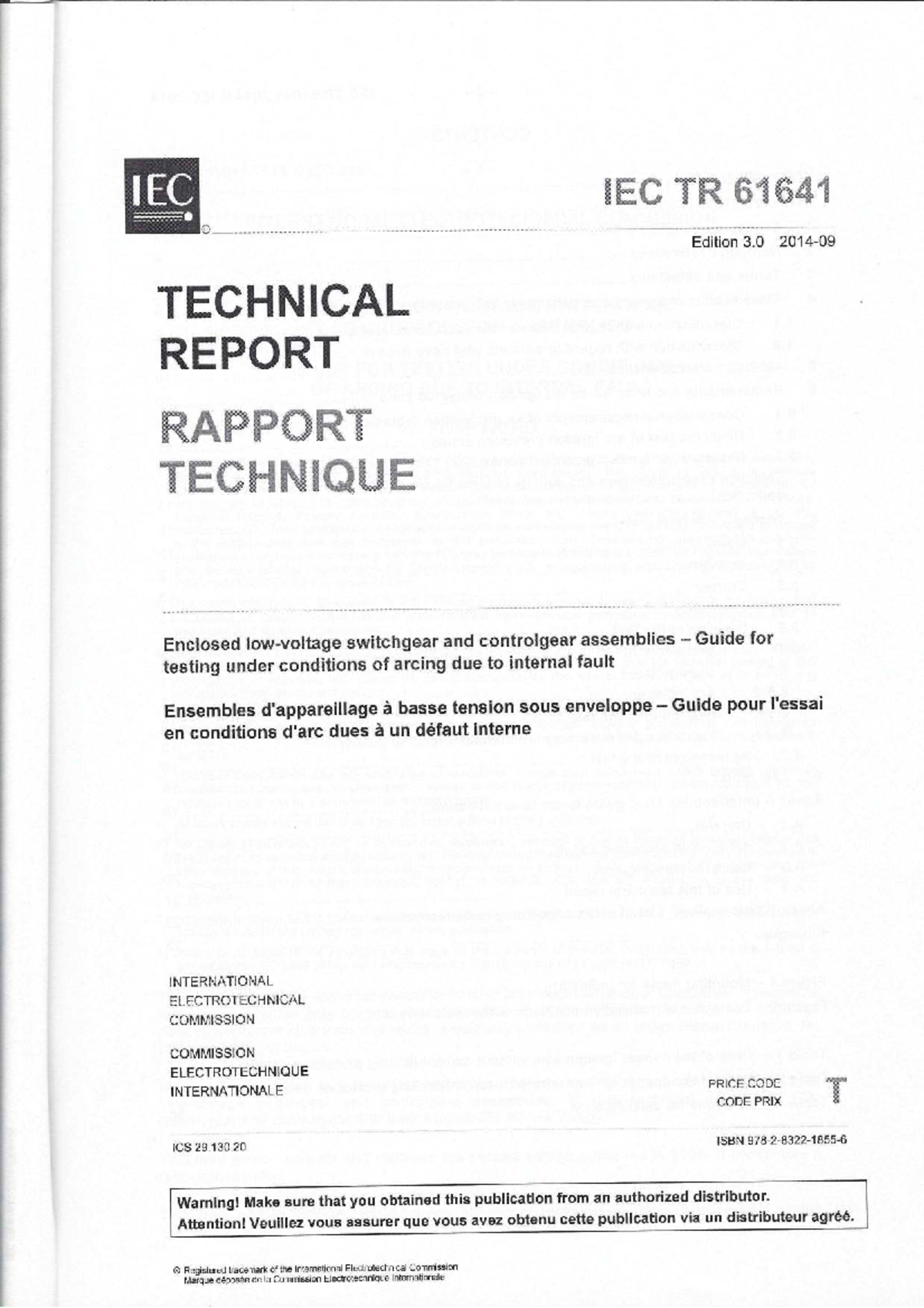 IEC TR 61641:2014 Technical Report on Arcing in Switchgear Assemblies ...