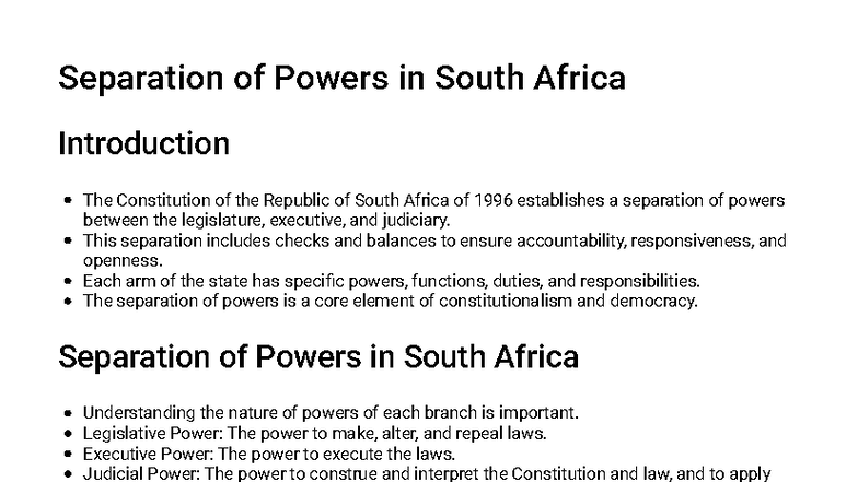 Separation of Powers in South Africa: Study Guide Overview - Studocu