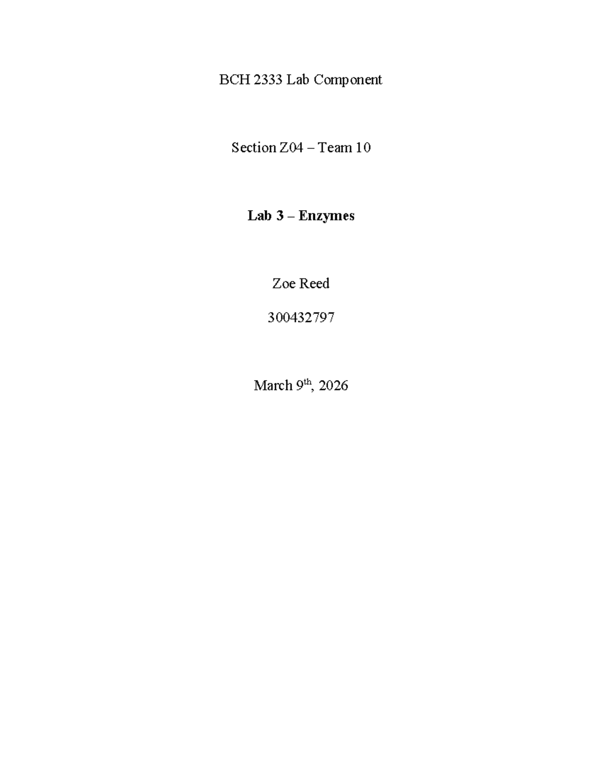 BCH 2333 Lab 3: Enzyme Kinetics and Product Formation Analysis - Studocu