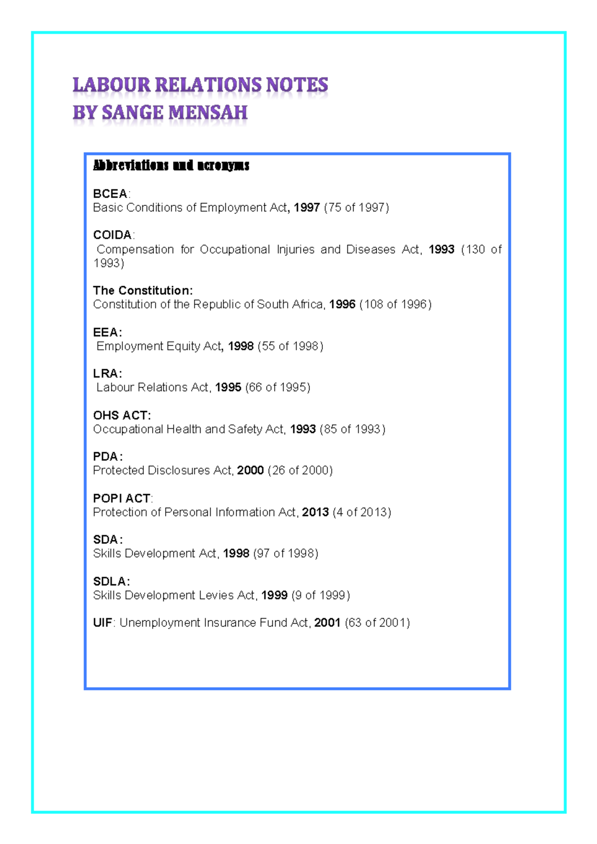 Labour Relations: Key Acts & Concepts Explained (LR 101 Notes) - Studocu