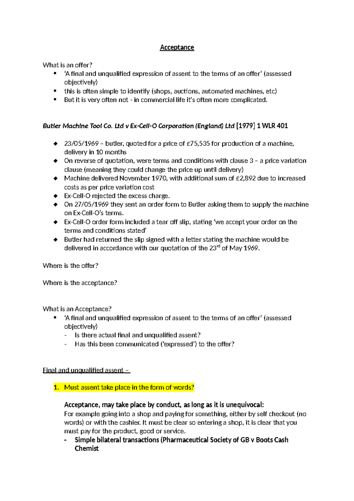 Contract Law - Acceptance Notes (Course Code: LAW101) - Studocu