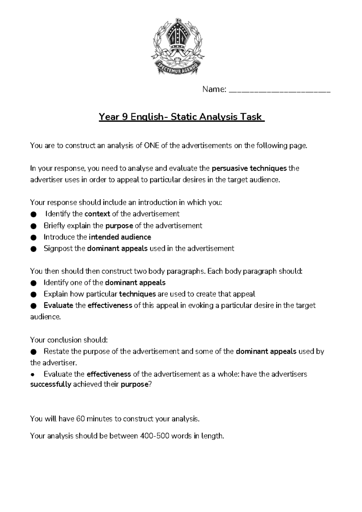 Year 9 English - Static Advertisement Analysis Task Guide - Studocu