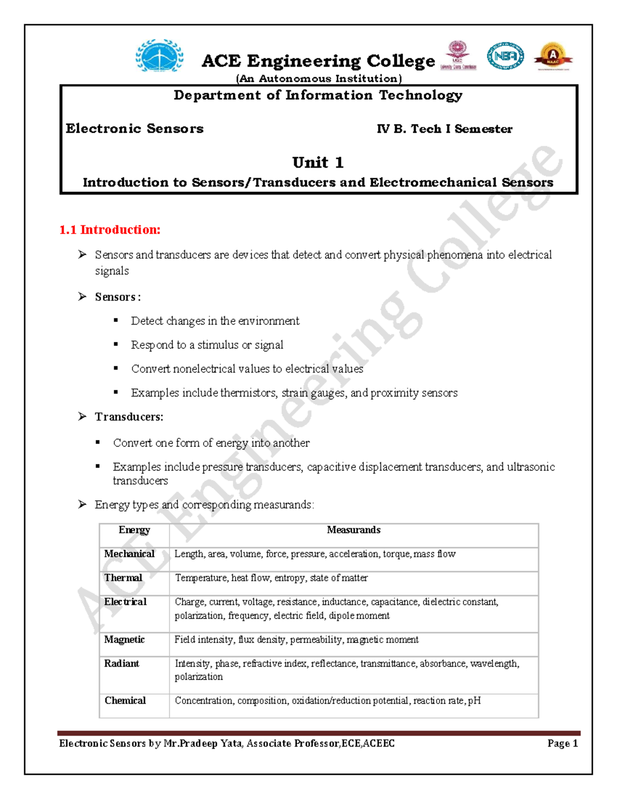 ES-IT-Engg Sensors & Transducers - Unit 1 Lecture Notes - Studocu