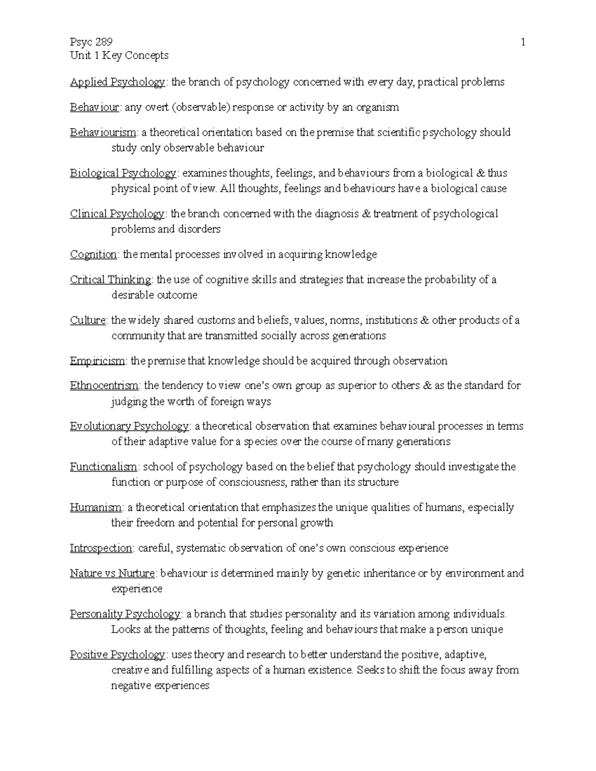 Psyc 289 Unit 1 Lecture Notes: Key Psychological Concepts Explained ...