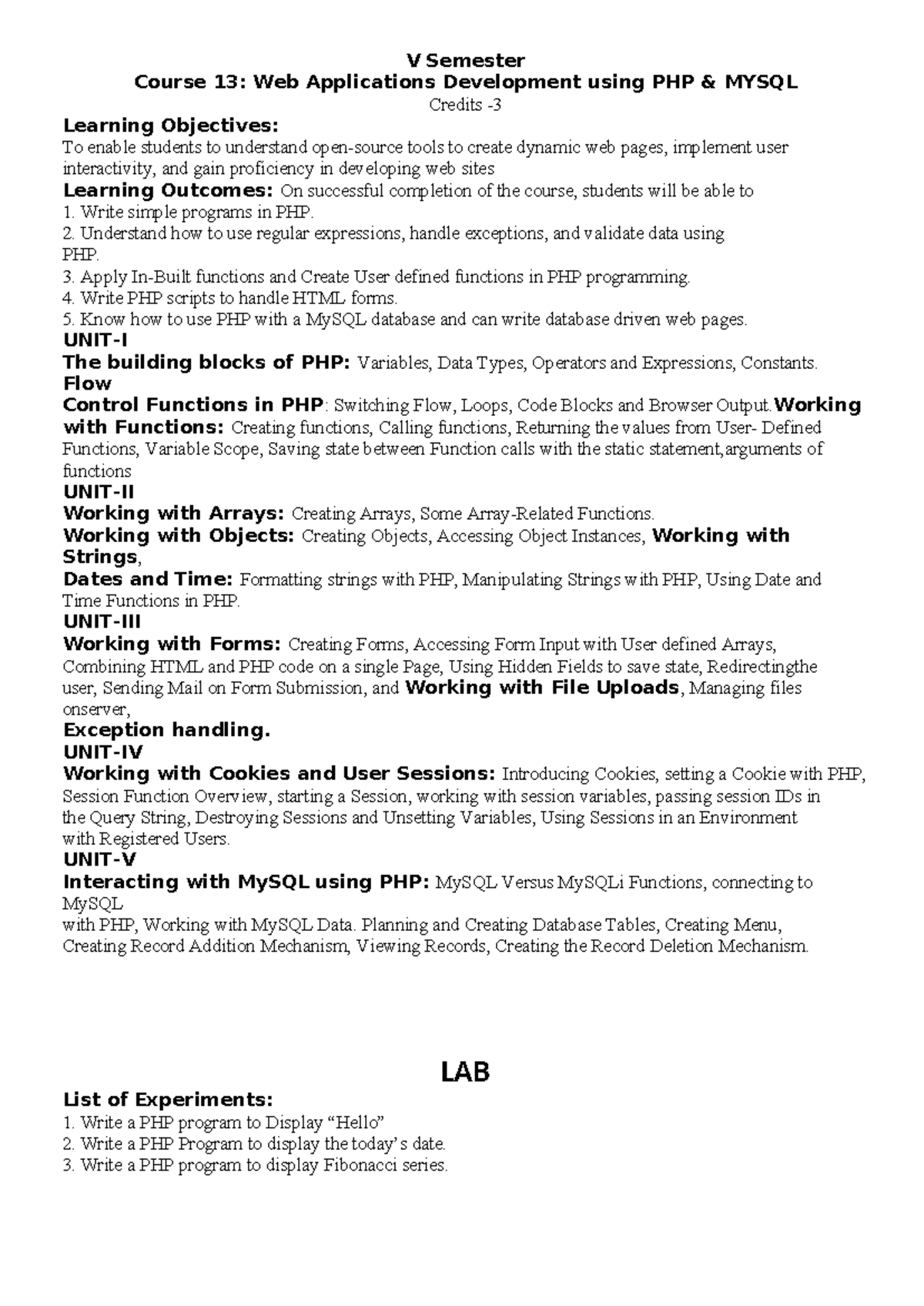 V Semester Course 13: PHP & MySQL Web App Development Notes - Studocu