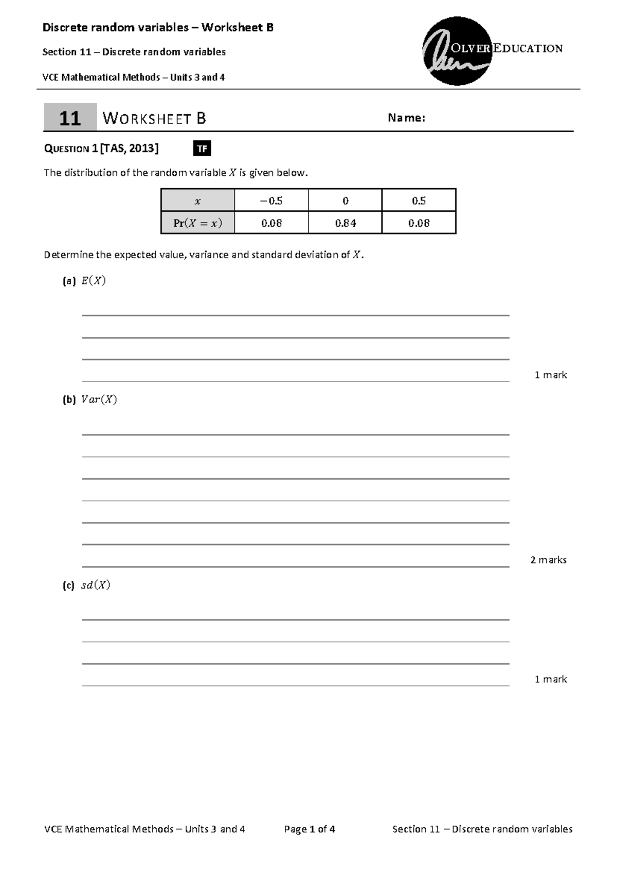 Yr12 Maths MM Discrete Random Variables Worksheet B - Discrete random ...