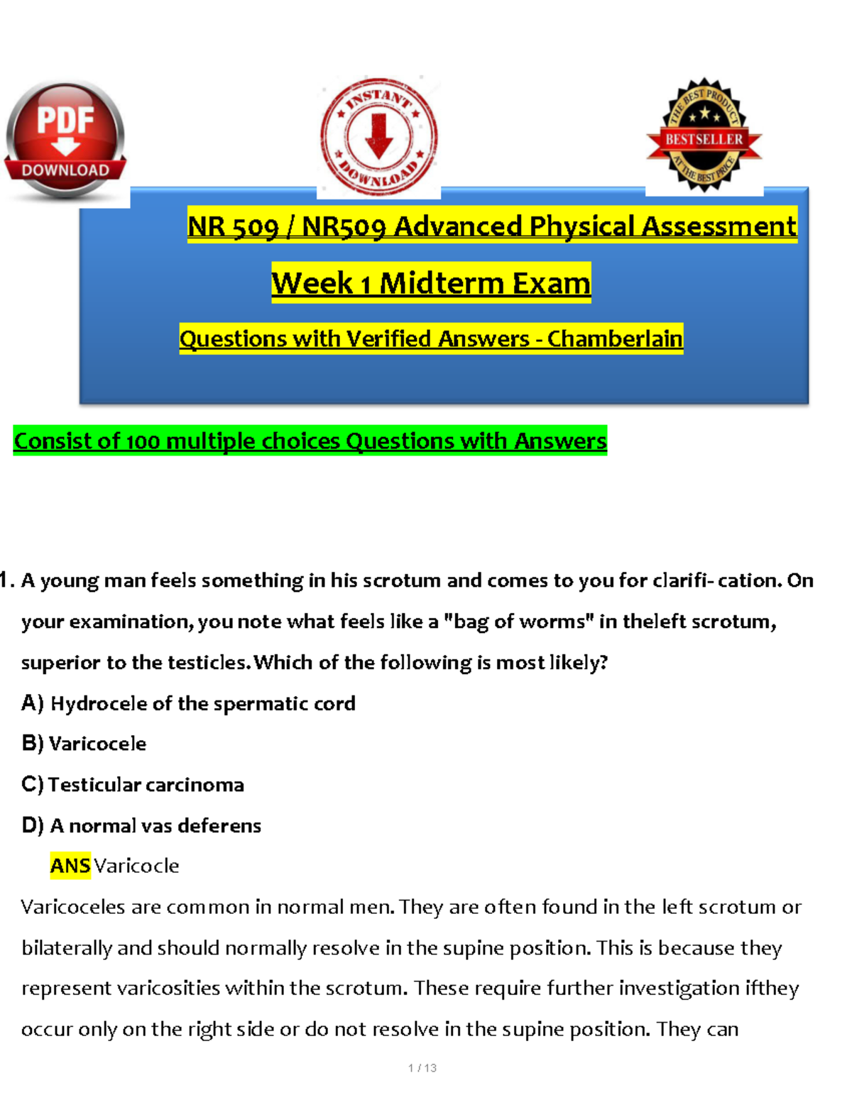 NR 509 Advanced Physical Assessment Week 1 Midterm Exam Q&A ...