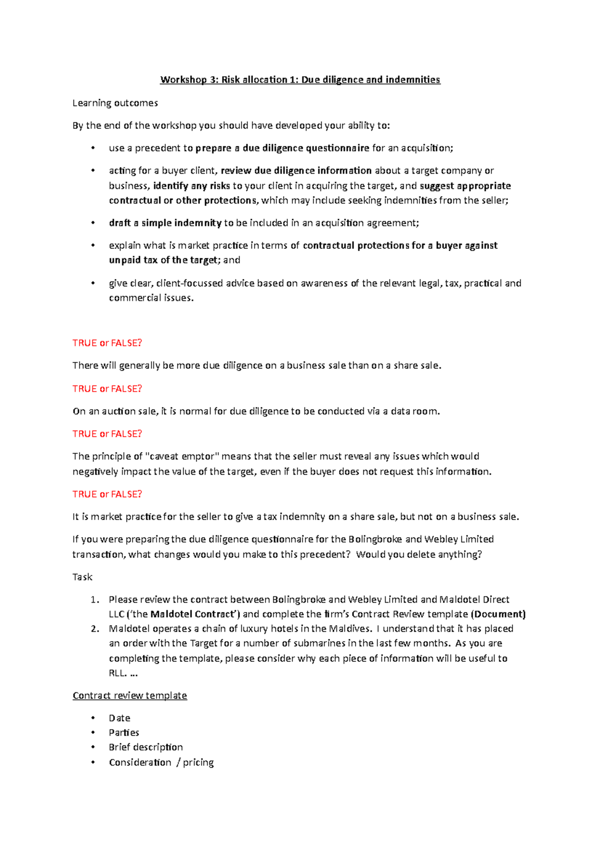 Workshop 3 Powerpoint Notes - Workshop 3: Risk allocation 1: Due ...