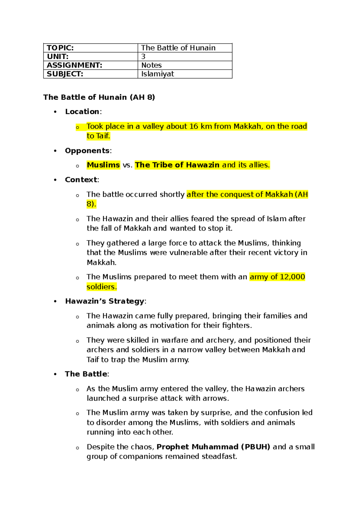 Islamiyat CH3: Notes on The Battle of Hunain (AH 8) - Studocu